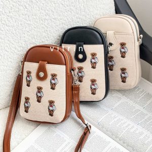 کیف دخترانه تدی موبایلی در رنگ کرم و مشکی و عسلی